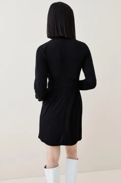 Karen Millen Button Through Pussy Bow Georgette Jersey Dress -Karen Millen shop black button through pussy bow georgette jersey dress 4