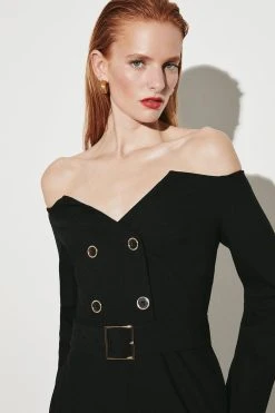 Karen Millen Clean Tailored Bardot Jumpsuit -Karen Millen shop black clean tailored bardot jumpsuit 1 2