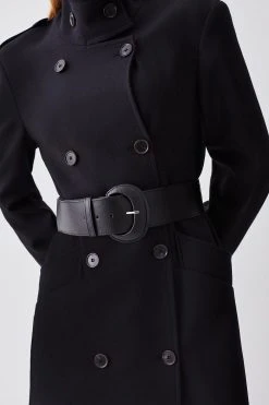 Karen Millen Compact Stretch Belted Double Breasted Maxi Coat -Karen Millen shop black compact stretch belted double breasted maxi coat 2