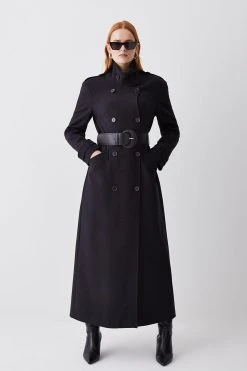 Karen Millen Compact Stretch Belted Double Breasted Maxi Coat -Karen Millen shop black compact stretch belted double breasted maxi coat 3