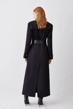 Karen Millen Compact Stretch Belted Double Breasted Maxi Coat -Karen Millen shop black compact stretch belted double breasted maxi coat 4
