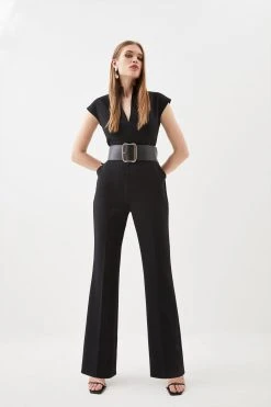 Karen Millen Compact Stretch Belted Straight Leg Jumpsuit -Karen Millen shop black compact stretch belted straight leg jumpsuit 1 2
