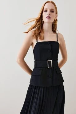 Karen Millen Compact Stretch Bodice Pleated Skirt Midi Dress -Karen Millen shop black compact stretch bodice pleated skirt midi dress 1