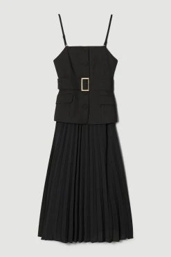 Karen Millen Compact Stretch Bodice Pleated Skirt Midi Dress -Karen Millen shop black compact stretch bodice pleated skirt midi dress 2