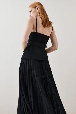 Karen Millen Compact Stretch Bodice Pleated Skirt Midi Dress -Karen Millen shop black compact stretch bodice pleated skirt midi dress 3
