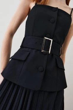 Karen Millen Compact Stretch Bodice Pleated Skirt Midi Dress -Karen Millen shop black compact stretch bodice pleated skirt midi dress 4