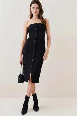 Karen Millen Compact Stretch Button Pencil Midi Dress -Karen Millen shop black compact stretch button pencil midi dress 1