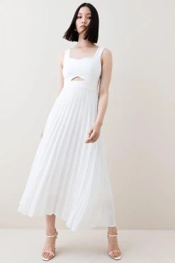 Karen Millen Compact Stretch Contrast Midi Pleat Dress 10 Karen Millen Compact Stretch Contrast Midi Pleat Dress -Karen Millen shop black compact stretch contrast midi pleat dress 3