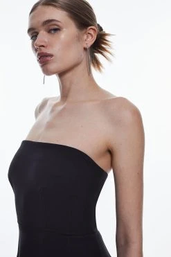 Karen Millen Compact Stretch Corset Seamed Bandeau Midi Dress -Karen Millen shop black compact stretch corset seamed bandeau midi dress 5