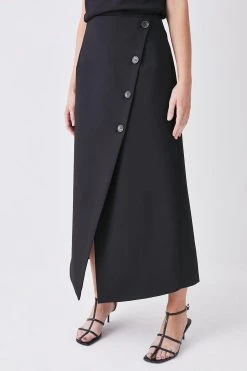 Karen Millen Compact Stretch Low Waist Wrap Midaxi Skirt -Karen Millen shop black compact stretch low waist wrap midaxi skirt 2