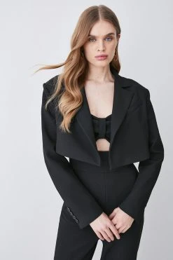 Karen Millen Compact Stretch Tailored Cropped Jacket -Karen Millen shop black compact stretch tailored cropped jacket 1 2