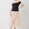 Karen Millen Compact Stretch Tulle Skirted Bardot Midi Dress -Karen Millen shop black compact stretch tulle skirted bardot midi dress