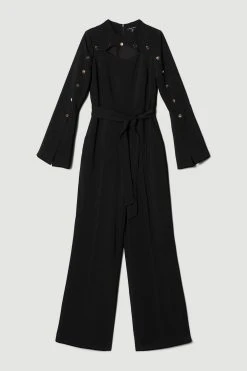Karen Millen Compact Viscose Stud Sleeve Wide Leg Jumpsuit -Karen Millen shop black compact viscose stud sleeve wide leg jumpsuit 1