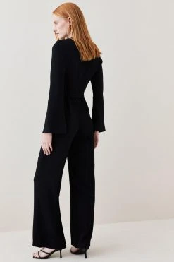 Karen Millen Compact Viscose Stud Sleeve Wide Leg Jumpsuit -Karen Millen shop black compact viscose stud sleeve wide leg jumpsuit 3