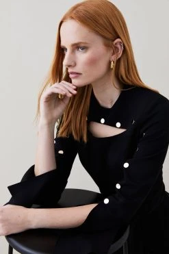 Karen Millen Compact Viscose Stud Sleeve Wide Leg Jumpsuit -Karen Millen shop black compact viscose stud sleeve wide leg jumpsuit 4