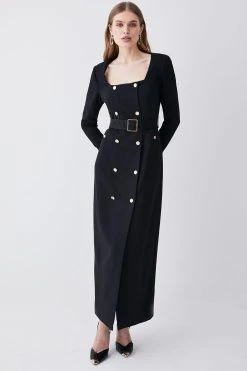 Karen Millen Compact Viscose Tux Sleeved Belted Maxi Dress -Karen Millen shop black compact viscose tux sleeved belted maxi dress 2