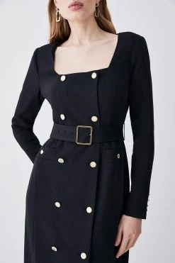 Karen Millen Compact Viscose Tux Sleeved Belted Maxi Dress -Karen Millen shop black compact viscose tux sleeved belted maxi dress 3