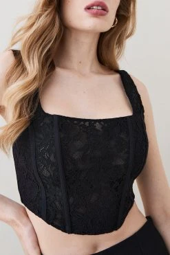 Karen Millen Corded Lace And Mesh Panelled Woven Corset -Karen Millen shop black corded lace and mesh panelled woven corset 1 2