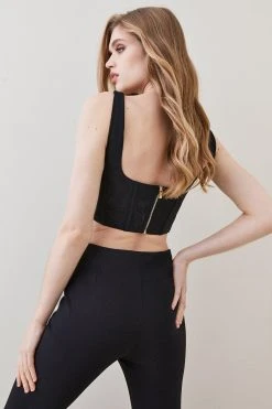 Karen Millen Corded Lace And Mesh Panelled Woven Corset -Karen Millen shop black corded lace and mesh panelled woven corset 1 3