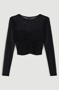 Karen Millen Corset Detail Ruched Mesh Jersey Cropped Top