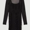 Karen Millen Corset Detail Ruched Mesh Jersey Mini Dress -Karen Millen shop black corset detail ruched mesh jersey mini dress
