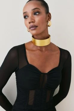 Karen Millen Corset Detail Ruched Mesh Jersey Top -Karen Millen shop black corset detail ruched mesh jersey top 2