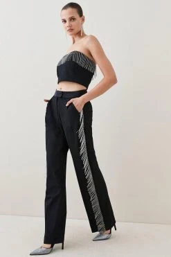 Karen Millen Crystal Fringe Straight Leg Trouser -Karen Millen shop black crystal fringe straight leg trouser 3