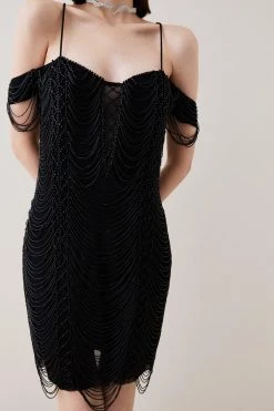 Karen Millen Draped Jet Beading Bardot Mini Dress -Karen Millen shop black draped jet beading bardot mini dress 1