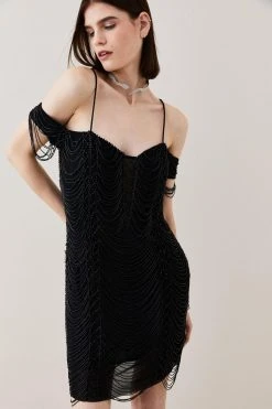 Karen Millen Draped Jet Beading Bardot Mini Dress -Karen Millen shop black draped jet beading bardot mini dress 5
