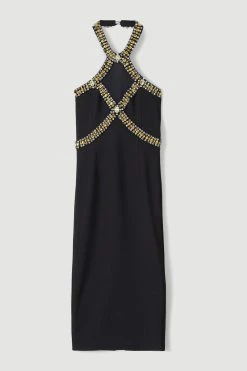 Karen Millen Embellished Halter Figure Form Midi Dress -Karen Millen shop black embellished halter figure form midi dress 2