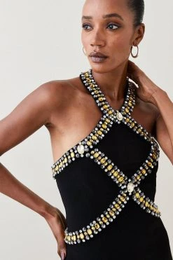 Karen Millen Embellished Halter Figure Form Midi Dress -Karen Millen shop black embellished halter figure form midi dress 4