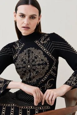 Karen Millen Embellished Hot Fix Swing Knit Mini Dress -Karen Millen shop black embellished hot fix swing knit mini dress 1 1