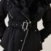 Karen Millen Faux Shearling Belted Biker Jacket -Karen Millen shop black faux shearling belted biker jacket