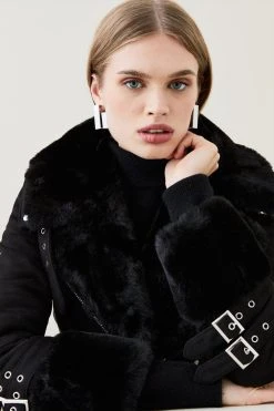 Karen Millen Faux Shearling Belted Biker Jacket -Karen Millen shop black faux shearling belted biker jacket 2