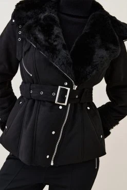 Karen Millen Faux Shearling Belted Biker Jacket