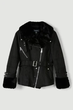 Karen Millen Faux Shearling Belted Biker Jacket -Karen Millen shop black faux shearling belted biker jacket 3