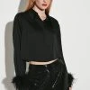 Karen Millen Feather Cuff Satin Woven Shirt -Karen Millen shop black feather cuff satin woven shirt