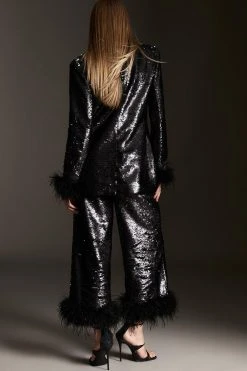 Karen Millen Feather & Sequin Cropped Wide Leg Trouser -Karen Millen shop black feather sequin cropped wide leg trouser 2