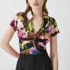 Karen Millen Floral Print Collared Twist Knot Jersey Top -Karen Millen shop black floral print collared twist knot jersey top