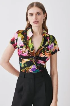Karen Millen Floral Print Collared Twist Knot Jersey Top