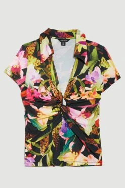 Karen Millen Floral Print Collared Twist Knot Jersey Top -Karen Millen shop black floral print collared twist knot jersey top 1 2