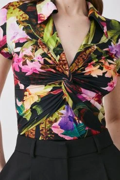 Karen Millen Floral Print Collared Twist Knot Jersey Top -Karen Millen shop black floral print collared twist knot jersey top 1 3