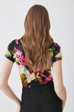 Karen Millen Floral Print Collared Twist Knot Jersey Top -Karen Millen shop black floral print collared twist knot jersey top 1 4