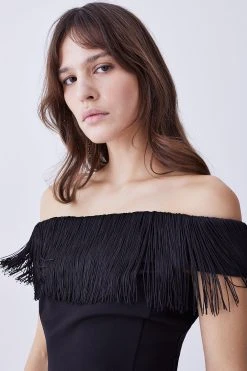 Karen Millen Fringe Trim Bardot Ponte Top -Karen Millen shop black fringe trim bardot ponte top 1