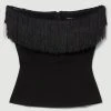 Karen Millen Fringe Trim Bardot Ponte Top -Karen Millen shop black fringe trim bardot ponte top