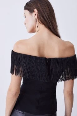 Karen Millen Fringe Trim Bardot Ponte Top -Karen Millen shop black fringe trim bardot ponte top 3