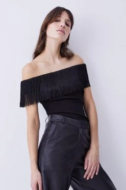 Karen Millen Fringe Trim Bardot Ponte Top -Karen Millen shop black fringe trim bardot ponte top 4