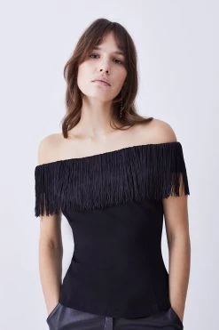 Karen Millen Fringe Trim Bardot Ponte Top -Karen Millen shop black fringe trim bardot ponte top 5