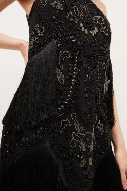 Karen Millen Fringed Beaded Halter Mini Dress -Karen Millen shop black fringed beaded halter mini dress 1
