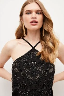 Karen Millen Fringed Beaded Halter Mini Dress -Karen Millen shop black fringed beaded halter mini dress 2
